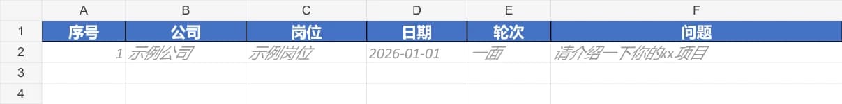 面试复盘与改进追踪 · 两份中文Excel表格：原表A1:F4局部 · 含一行示例数据